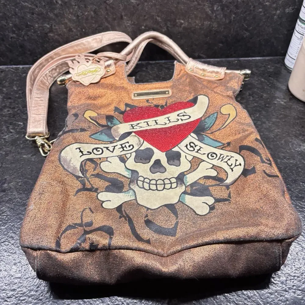 Vintage Y2K Ed Hardy Loves Kills Slowly Skull Roses Large Boho Purse Bag Bronze - Picture 2 of 9